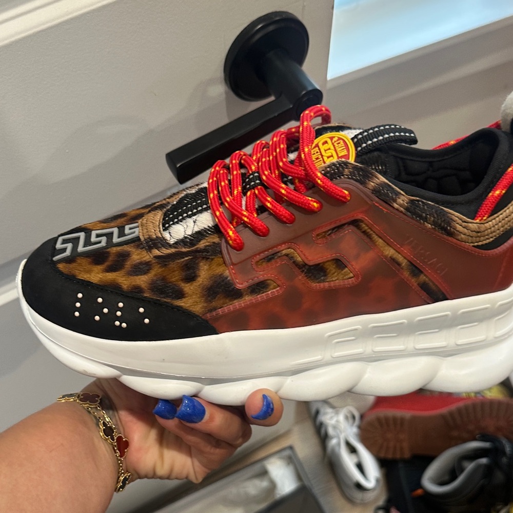 Versace Leopard Print Athletic Shoes with Red Accents
